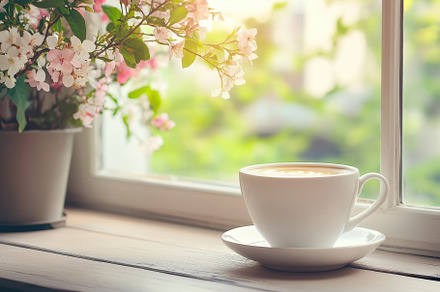 Morning coffee on a window sill with, a Photo by Iftikhar Alam