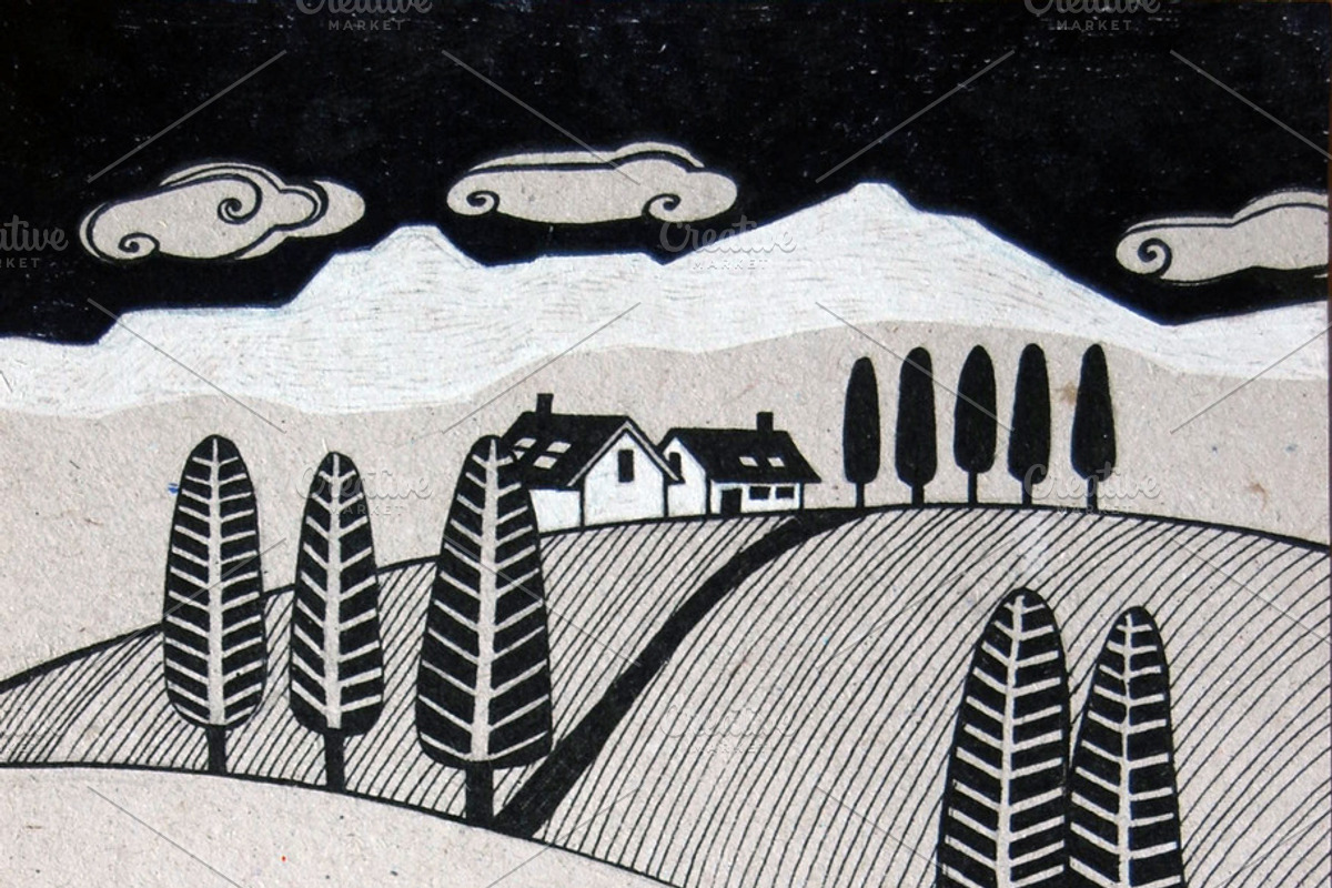 rural landscape with hay stacks, an Illustration by rebekka_ivacson
