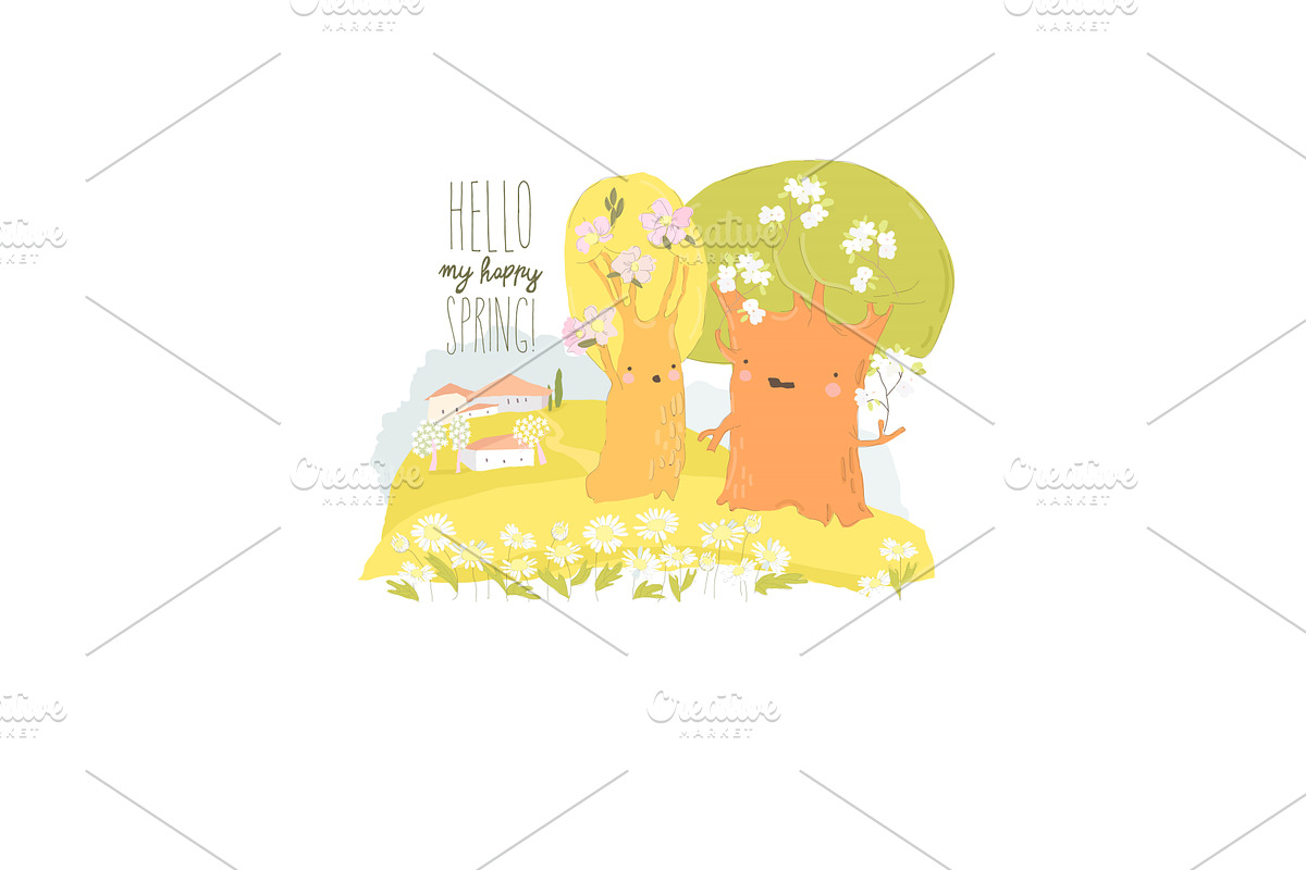 Cartoon Spring Blooming Trees and, an Object Illustration by Maria Starus