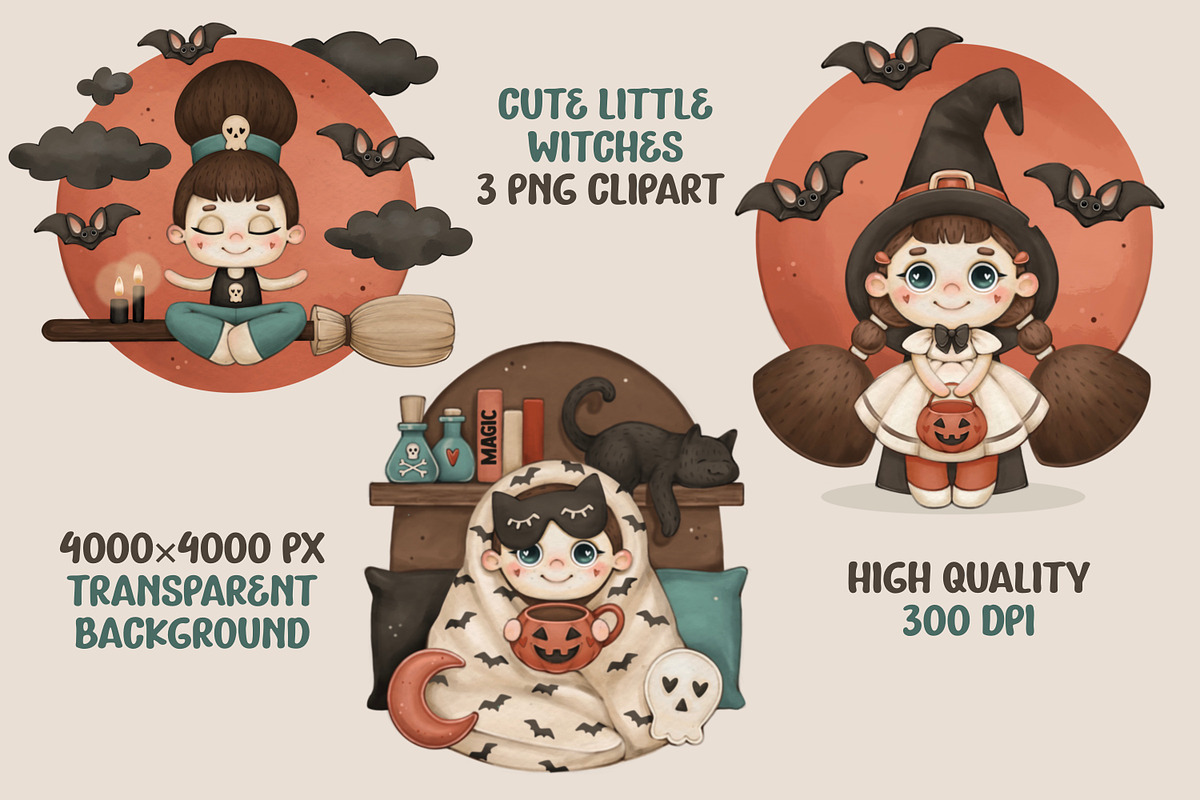 Cute Little Witches – Halloween PNG, an Illustration by designs.svkl (Photo 2 of 4)