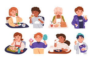 Cute happy kids eating food set, a Person Illustration by Good Studio