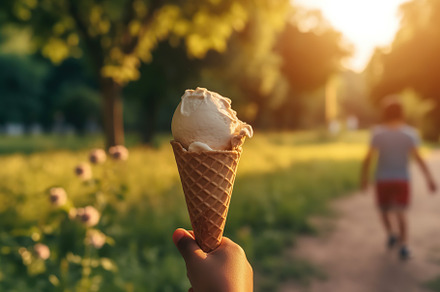 Children hand holding ice cream in waffle, outdoors. Generative AI, a Food & Drink Photo by AlyaAnd