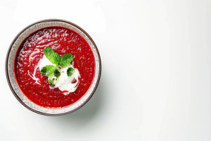 Flat lay of bowl of beet root soup borsch on white background, a Food & Drink Photo by AlyaAnd