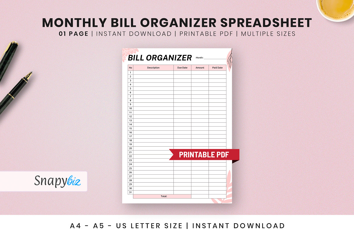 Monthly Bill Organizer Template, a Print Template by Snapybiz (Photo 10 of 10)