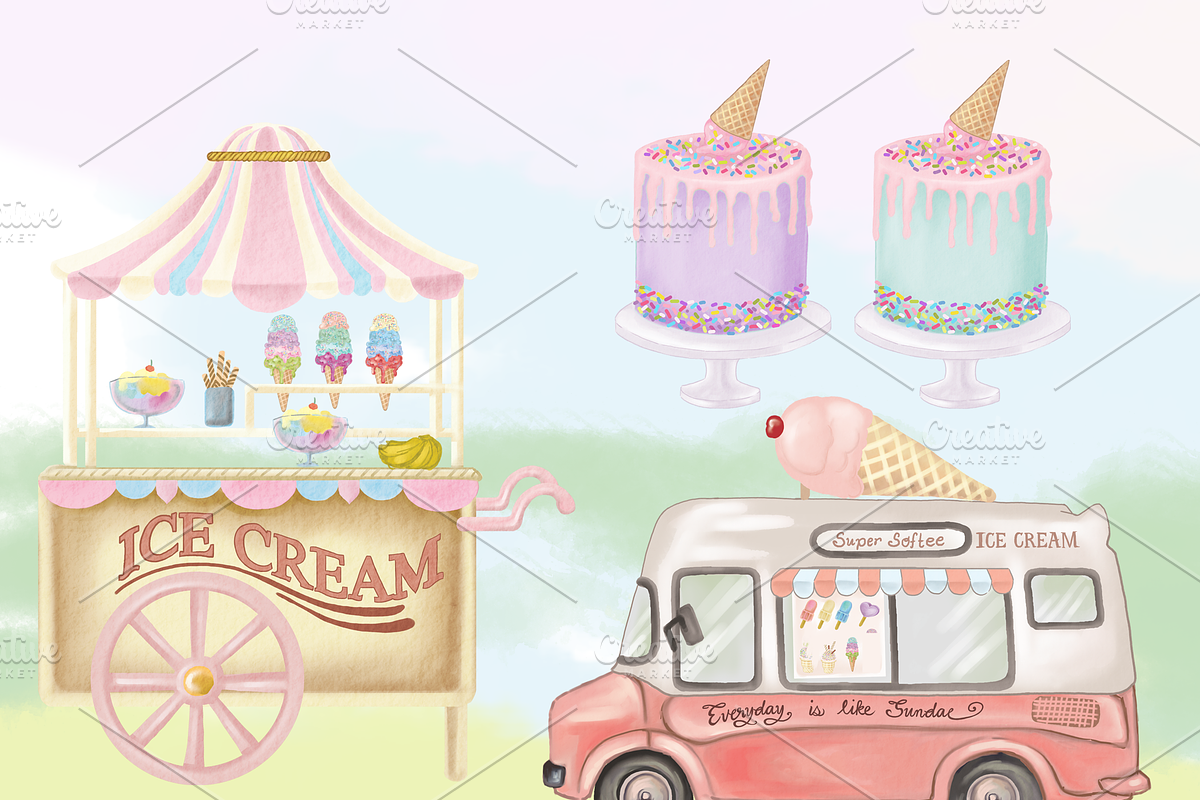 Ice Cream Watercolor Digital, an Illustration by Whimseez (Photo 3 of 4)
