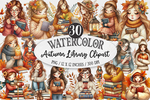 Watercolor Autumn Library Clipart, an Illustration by Designking
