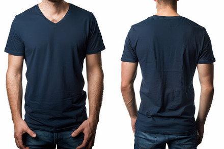 A custom navy blue v-neck t-shirt is, a Photo by Tanuart