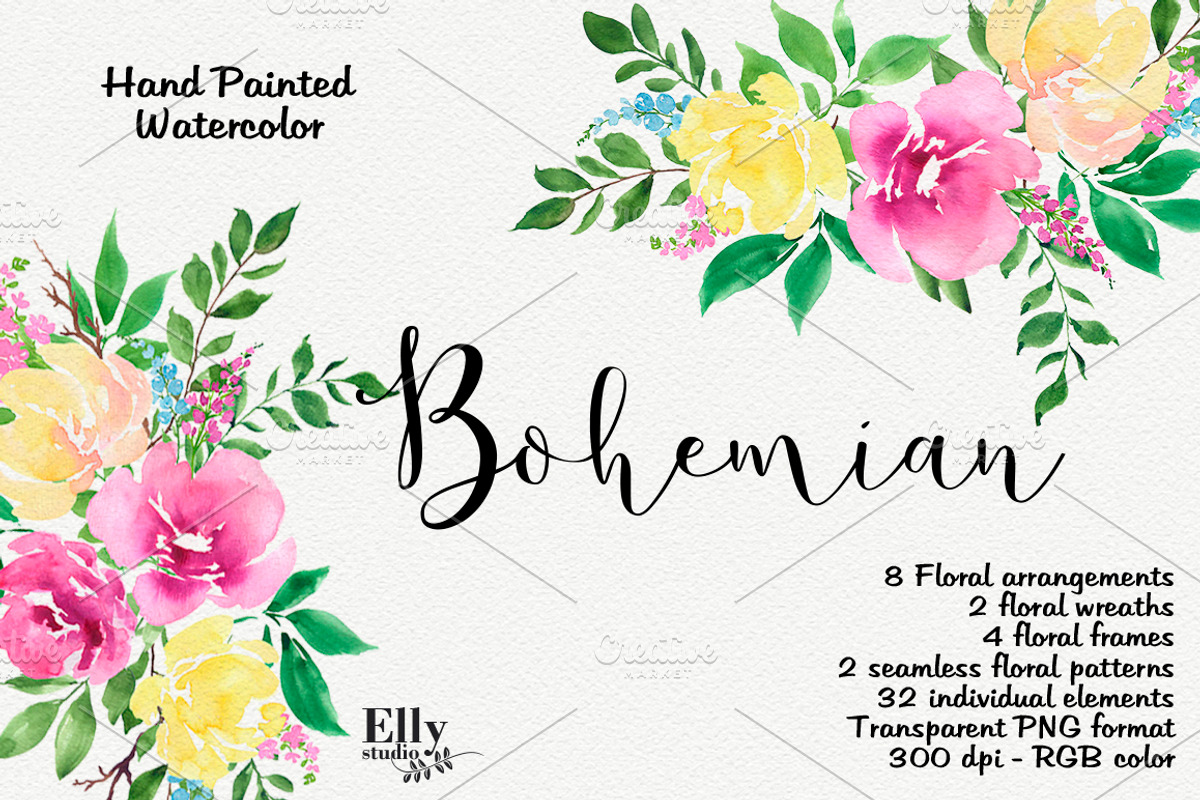 Watercolor Flower Clipart - Bohemian, an Illustration by Elly Studio (Photo 1 of 7)