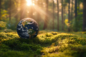 Glowing Earth resting on lush green moss in vibrant forest with, a Person Photo by José Manuel Gelpi