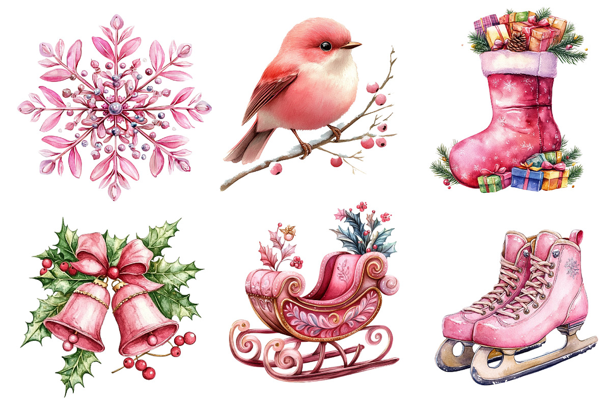 Pink Christmas Watercolor Clipart, an Illustration by Dream Creation (Photo 6 of 7)