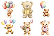 Watercolor Birthday Bears Clipart, an Illustration by Pixels.Craft (Thumbnail 4 of 7)