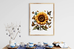 Watercolor Sunflower And Butterfly