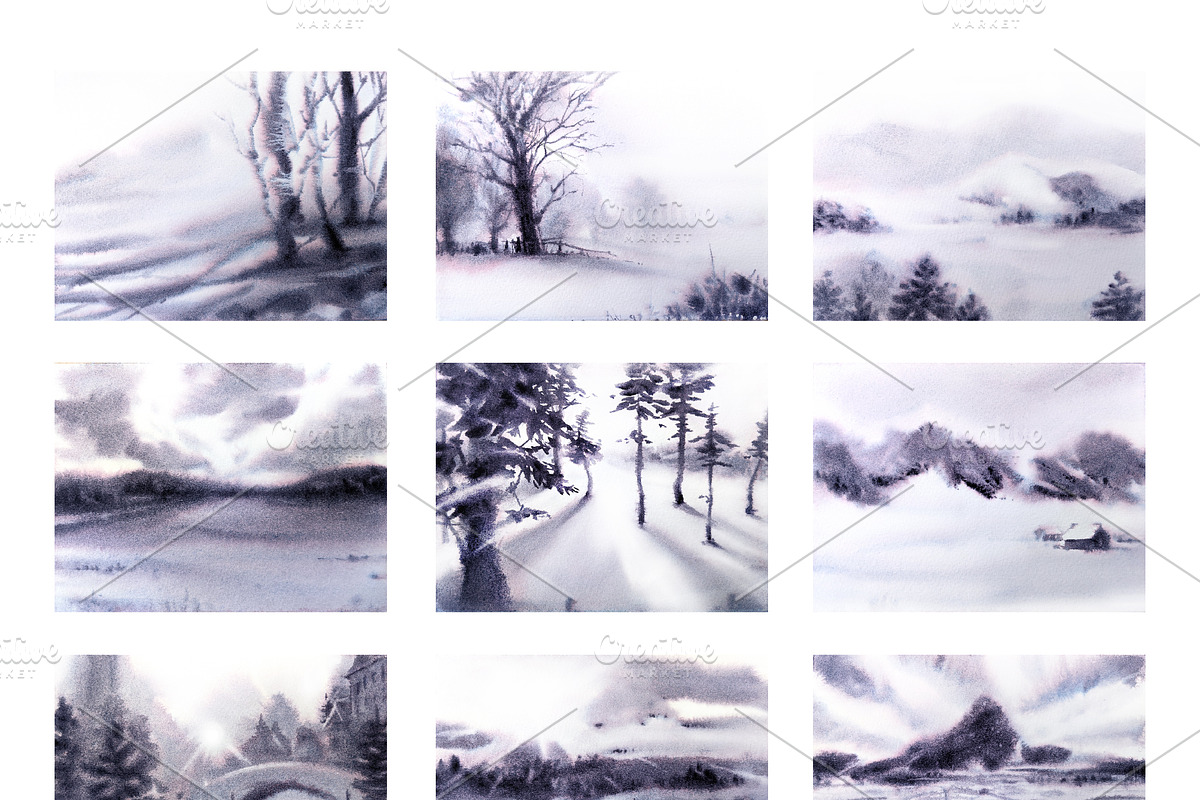 Watercolor Winter Landscapes Set, a Texture Illustration by Nuburu (Photo 4 of 14)