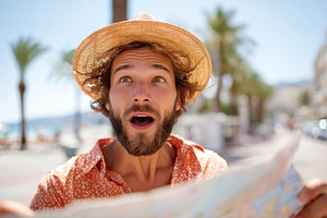 Man exploring a vibrant coastal city with a map on a sunny day filled with exci, a Person Photo by AlyaAnd