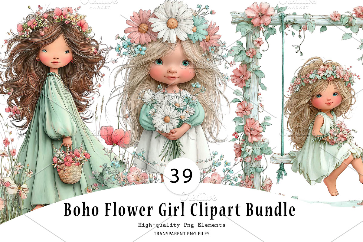 Boho Flower Girl Clipart Bundle, a Seasonal Illustration by CreationArt (Photo 1 of 7)