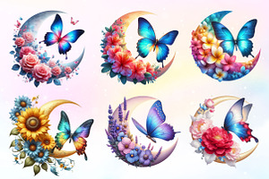 Butterfly And Flower Moon Clipart