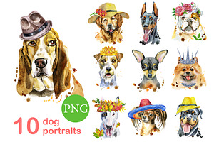 10 watercolor dog portraits. Set 15, an Animal Illustration by Watercolor fantasy