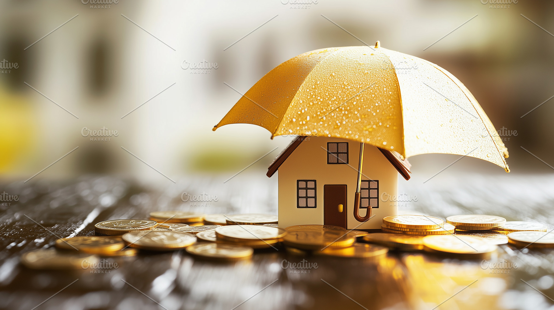 Small house under yellow umbrella, a Business Photo by MistyDay