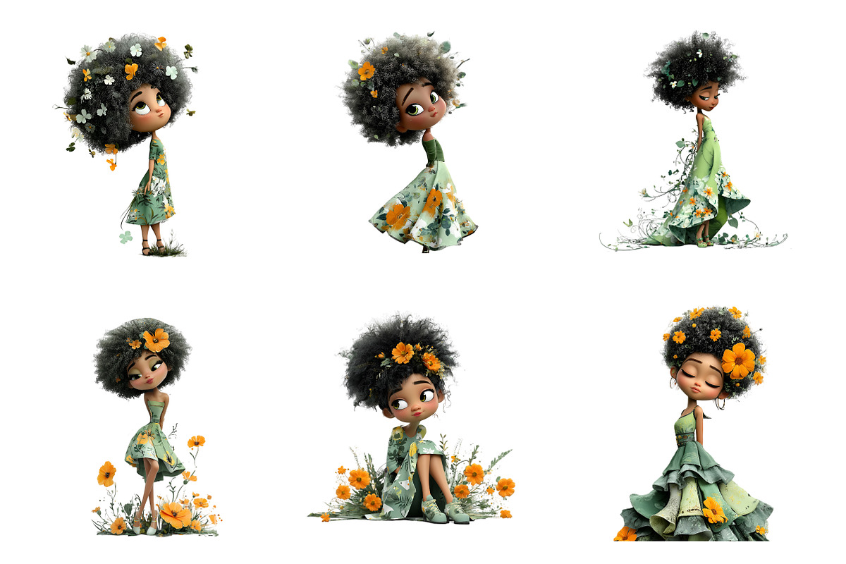 Whimsical Floral Black Girls Clipart, an Illustration by SinaCreation (Photo 2 of 9)