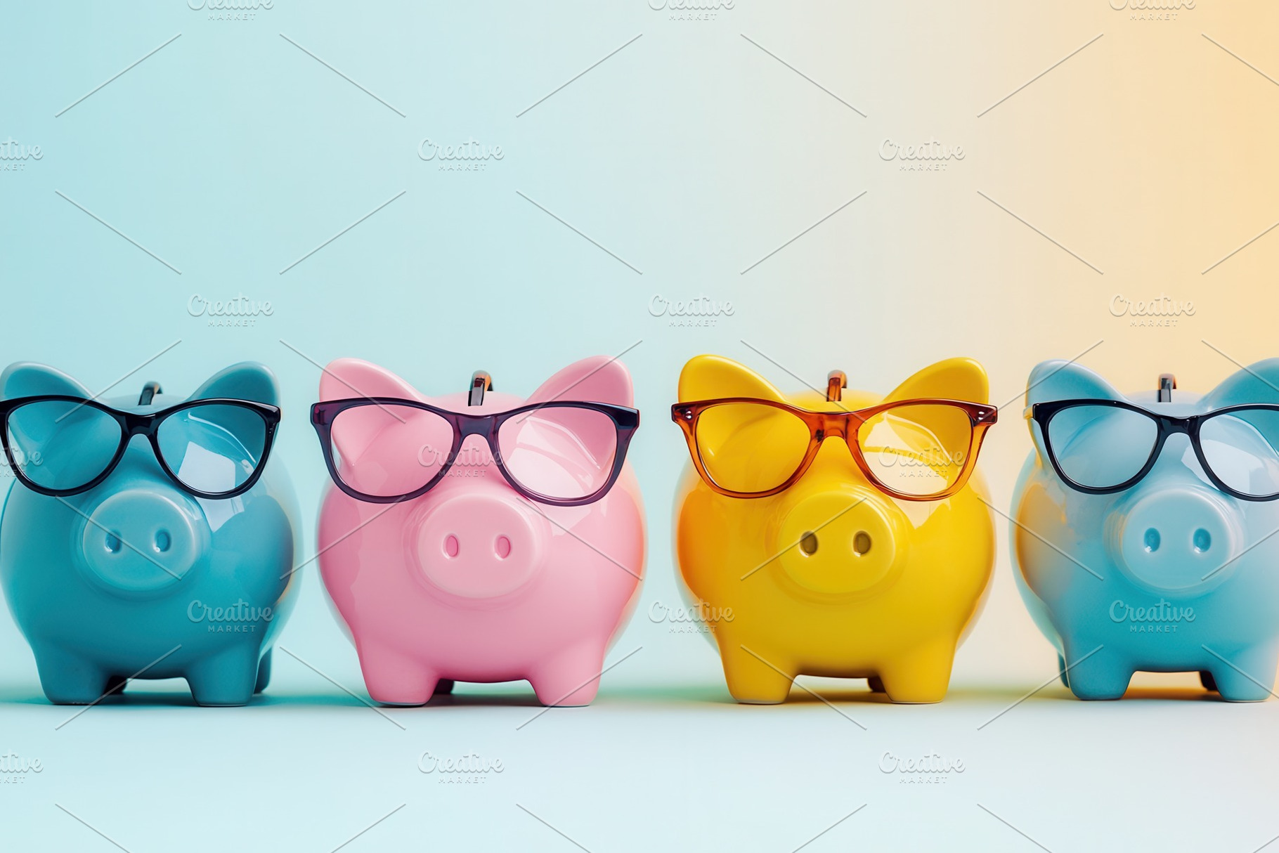 A row of colorful piggy banks, a Photo by Pavel_design
