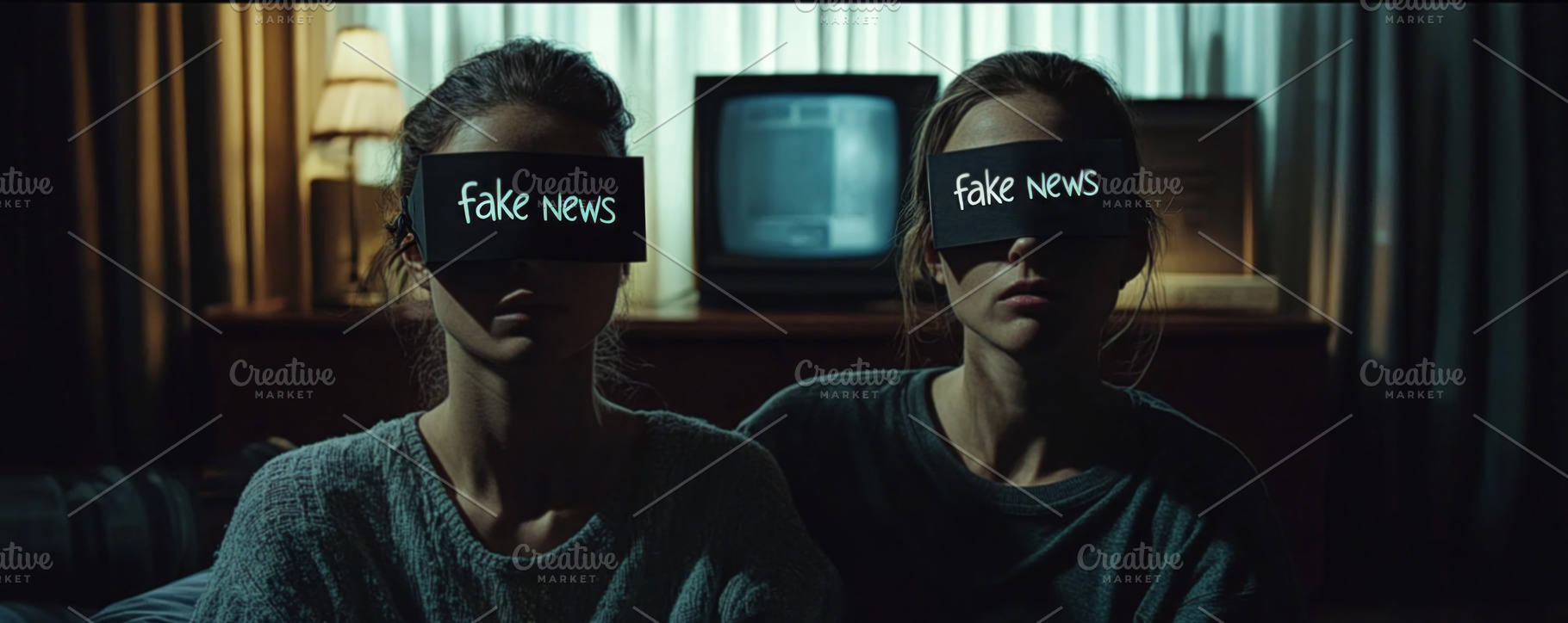 Couple with Fake News Labels in Dramatic Lighting, an Abstract Photo by Natalia Klenova's Shop
