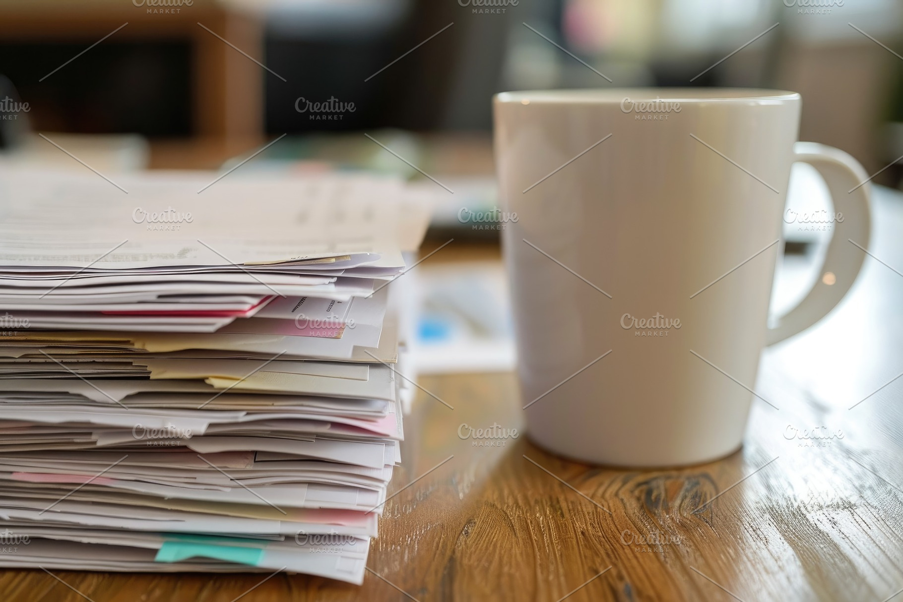 A neat stack of papers is positioned, a Photo by Iftikhar Alam