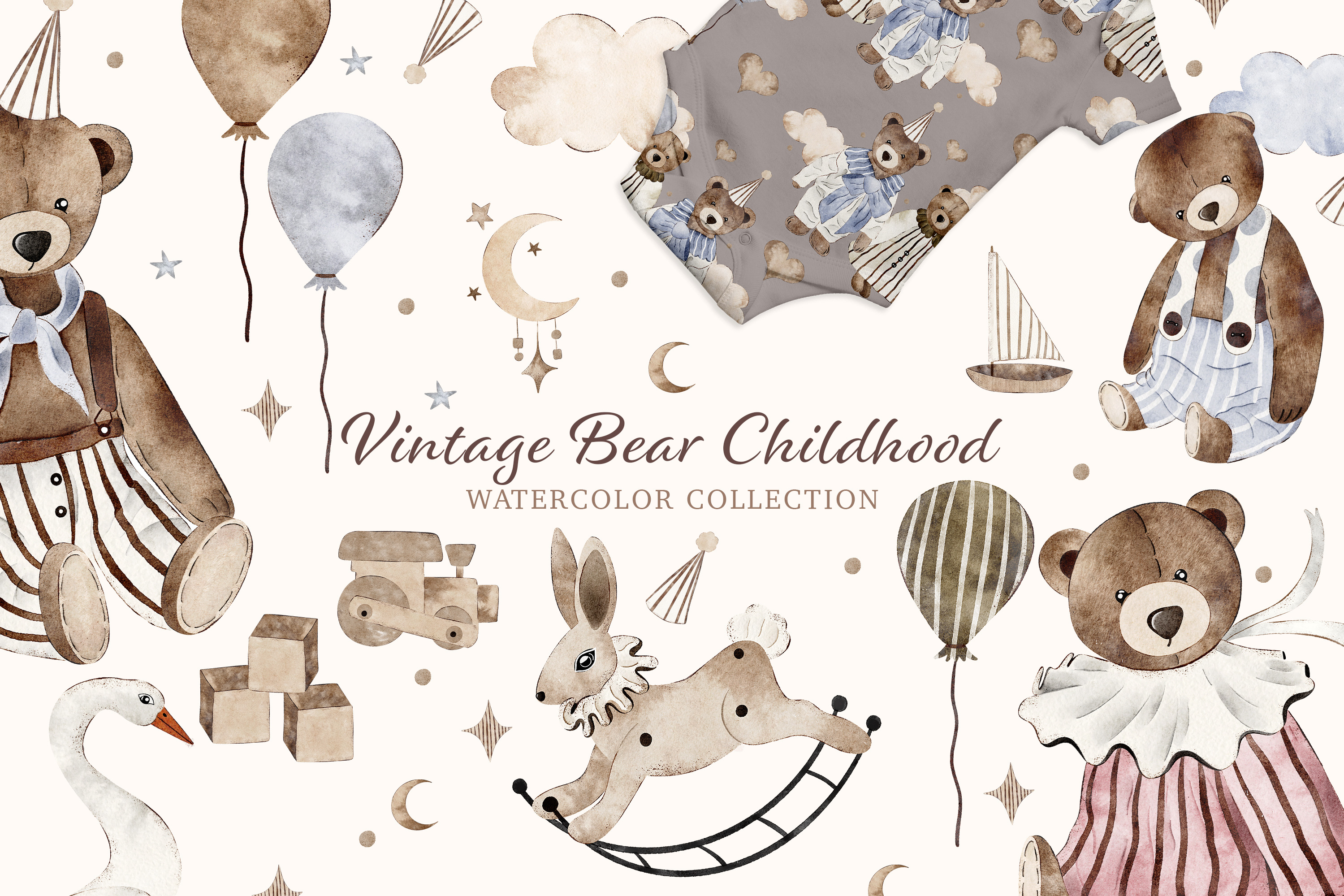 Watercolor Vintage Teddy Bear Set