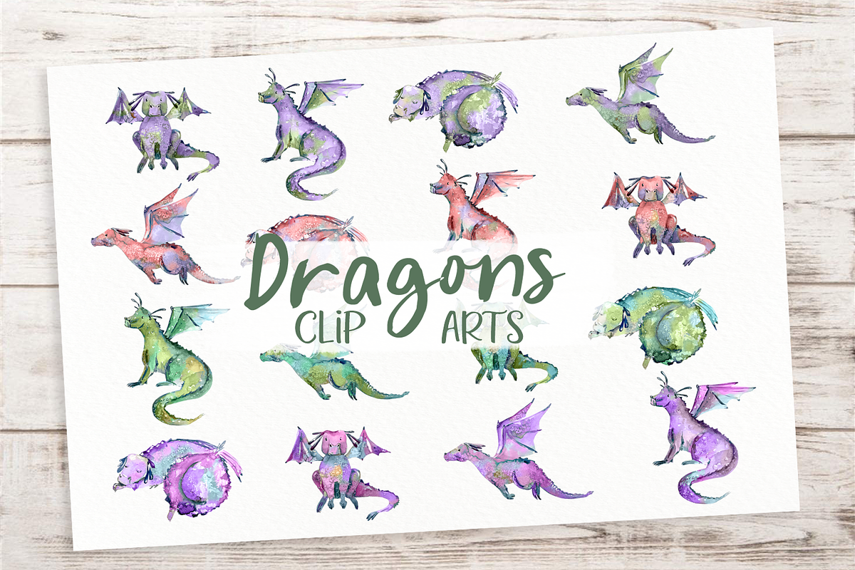 Cute Colored Dragons - Clip Art Set, an Illustration by Tati Bordiu (Photo 1 of 4)