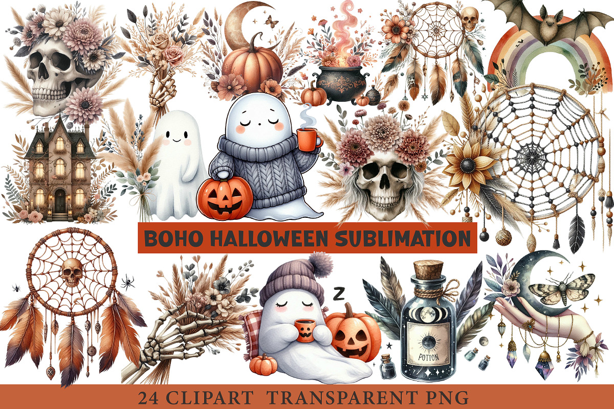 Boho Halloween Sublimation Clipart, an Illustration by cherrydesign (Photo 1 of 3)