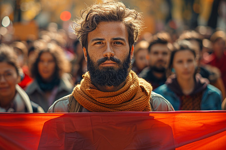 Young man with beard leading a diverse crowd in a protest, a Photo by AS photostudio