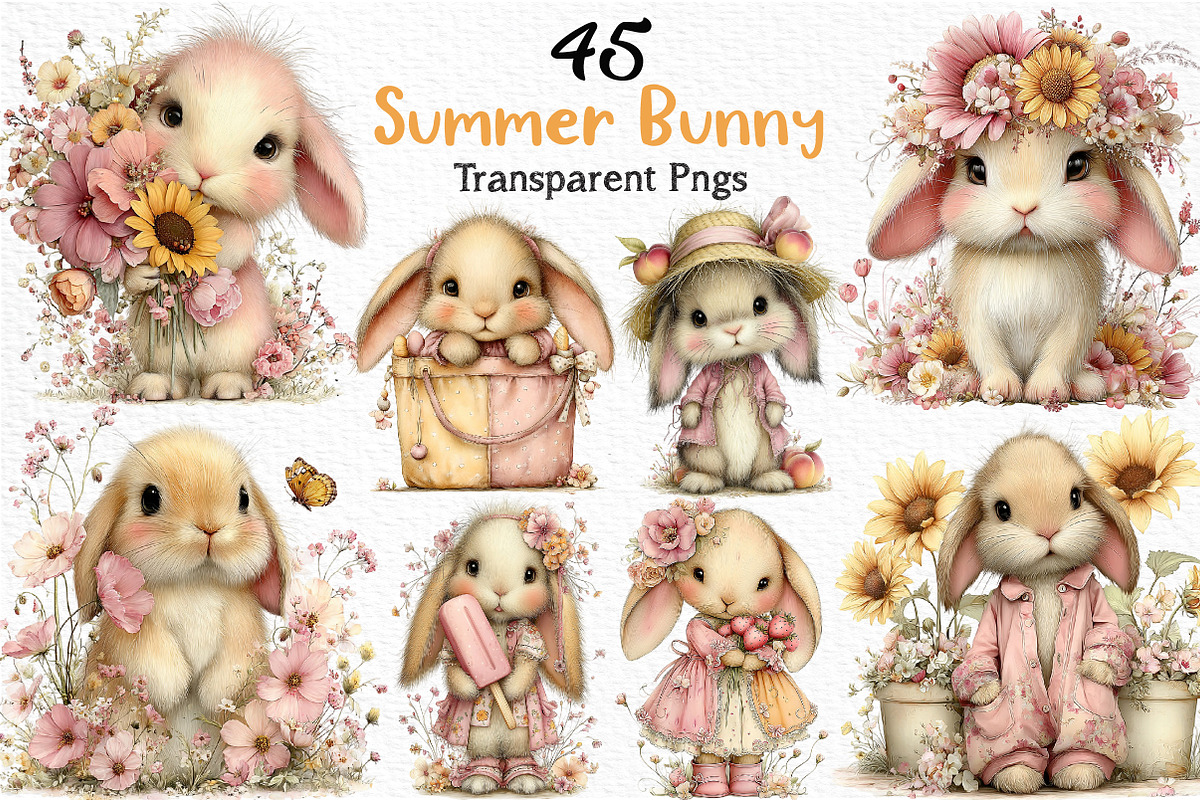 Whimsical Summer Bunny Clipart, an Illustration by Craft Nest (Photo 1 of 12)