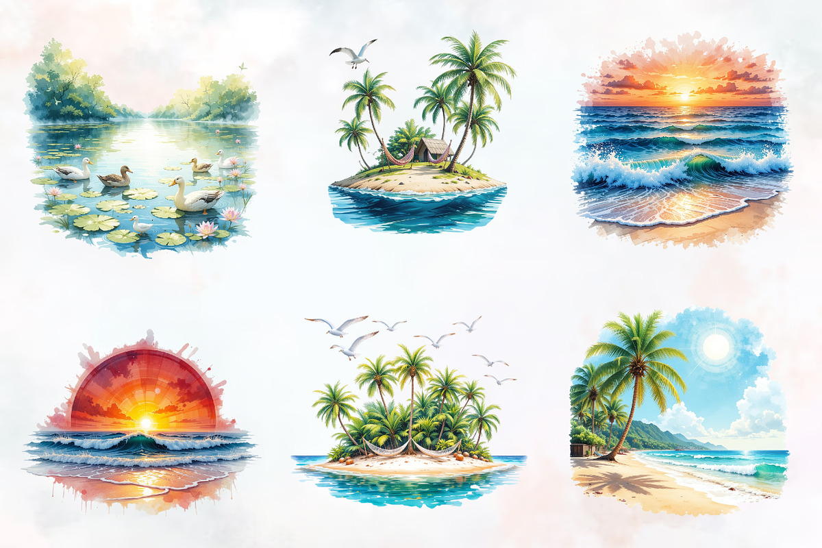 Summer Scenery Watercolor Cliparts, an Illustration by RobertsArt (Photo 2 of 8)