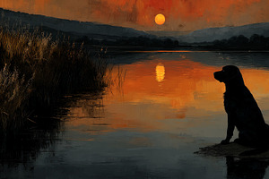 Black dog sitting peacefully by a calm lake at sunset with orang, an Animal Photo by José Manuel Gelpi