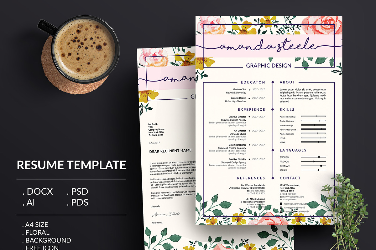 Floral Resume Template/CV template N, a Templates & Theme by Showy68 Template (Photo 1 of 5)