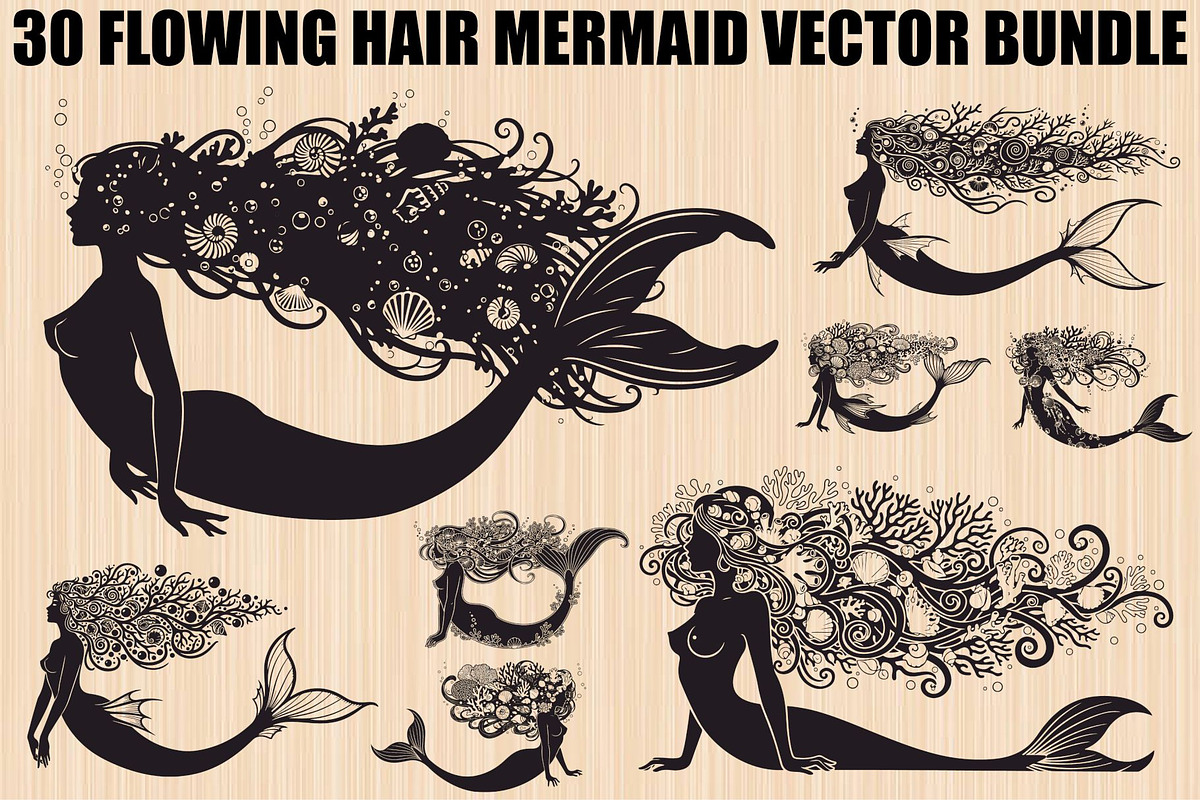 Fantasy Flowing Hair Mermaid Bundle, an Illustration by jahid234 (Photo 1 of 31)