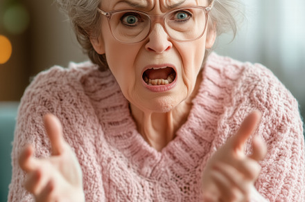 An elderly woman with gray hair and glasses, wearing a pink sweater, is express, a Person Photo by Textures & Backgrounds