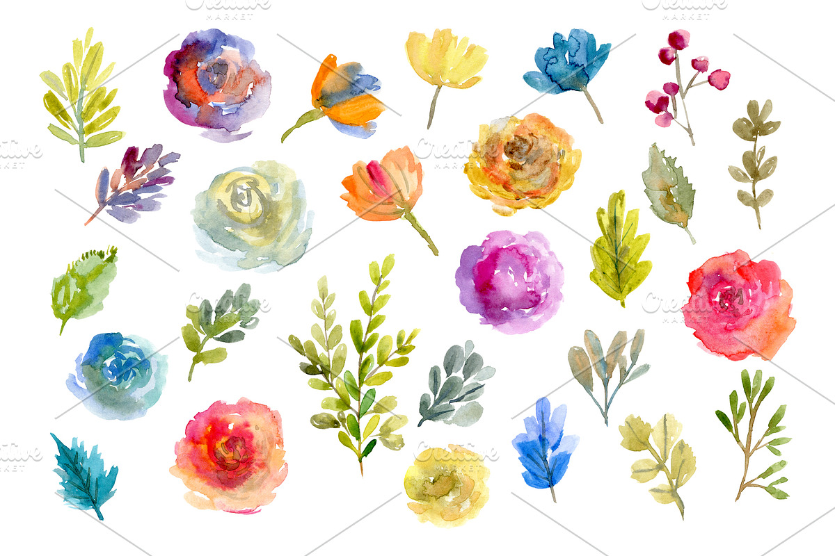 Bright Watercolor Flowers & Leaves, a Decorative Illustration by GraphicsDish (Photo 2 of 3)
