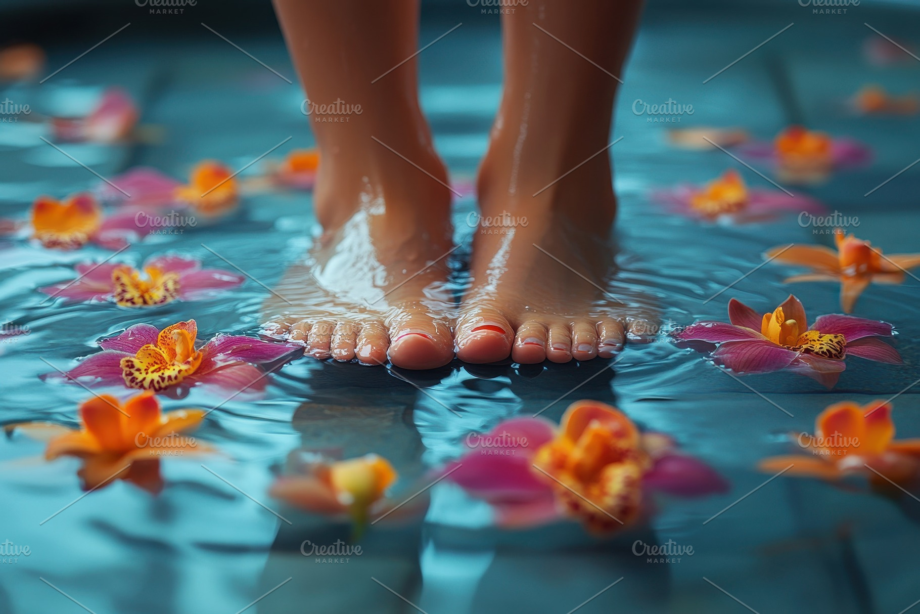 Relaxing feet in a serene water sett, a Photo by Tanuart