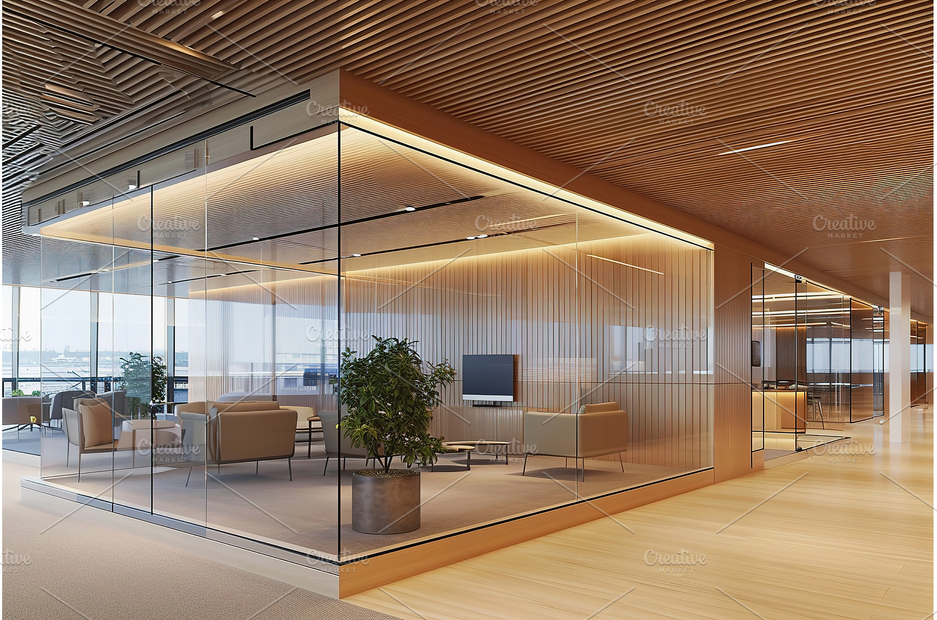 Spacious modern office interior with, an Architecture Photo by Lermont51