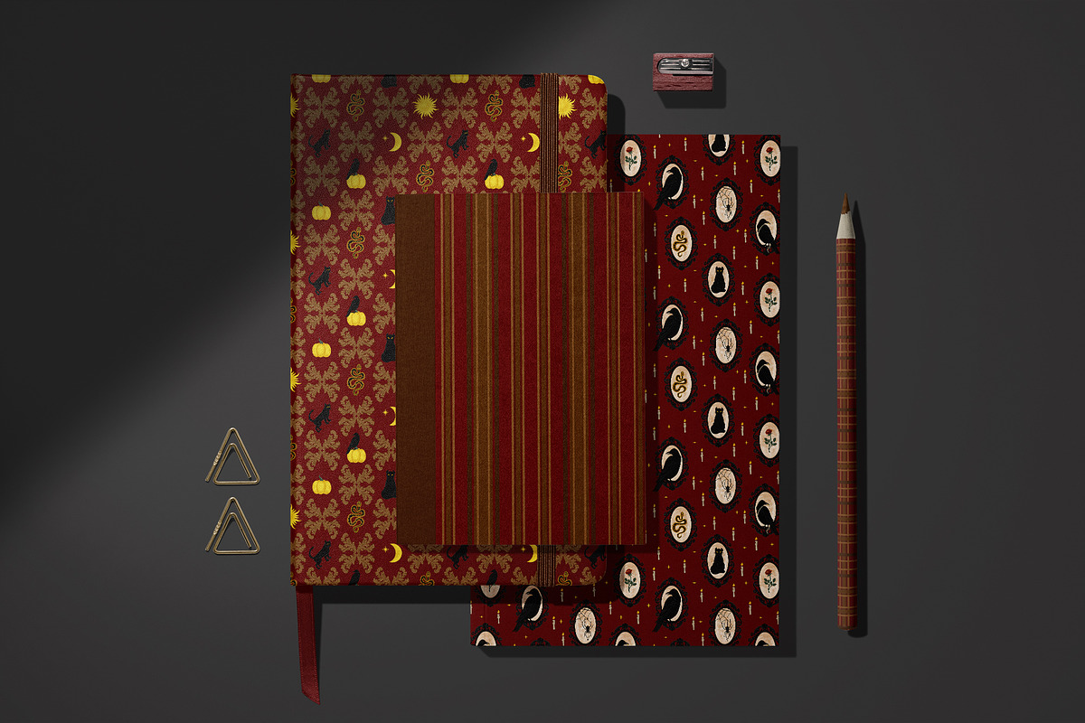 Burgundy Gothic Halloween Patterns, a Pattern Graphic by Oksana Dovhopol Art (Photo 4 of 9)
