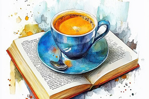 Coffee cup on open book watercolor p, a Food & Drink Photo by Pixeness Studio