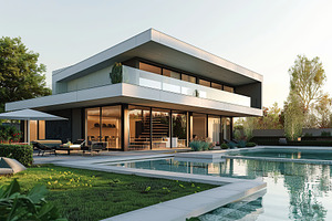 Modern house in suburb with beautiful green landscape and swimming pool, a Photo by AlyaAnd