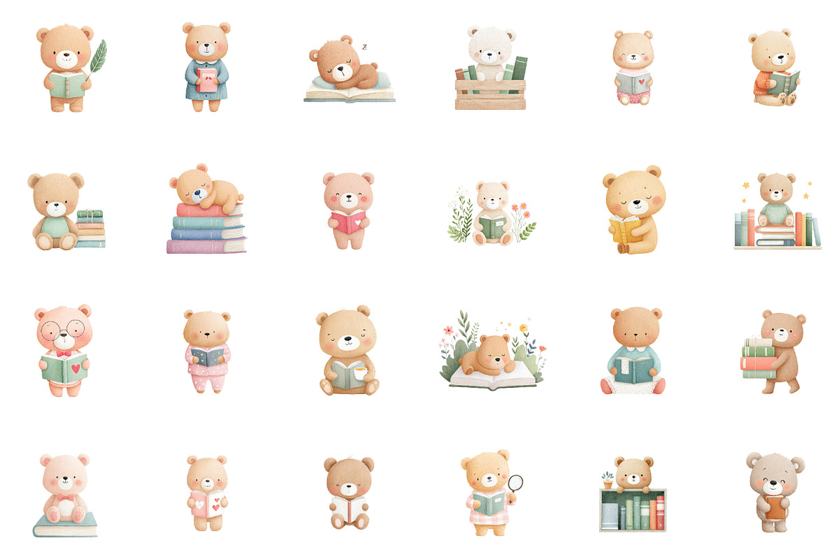 Cute Teddy and Vintage Books Clipart, an Illustration by Sublimation Artist (Photo 2 of 6)