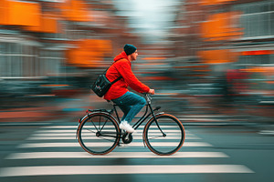 Man in red jacket biking fast city b, a Photo by Pixeness Studio