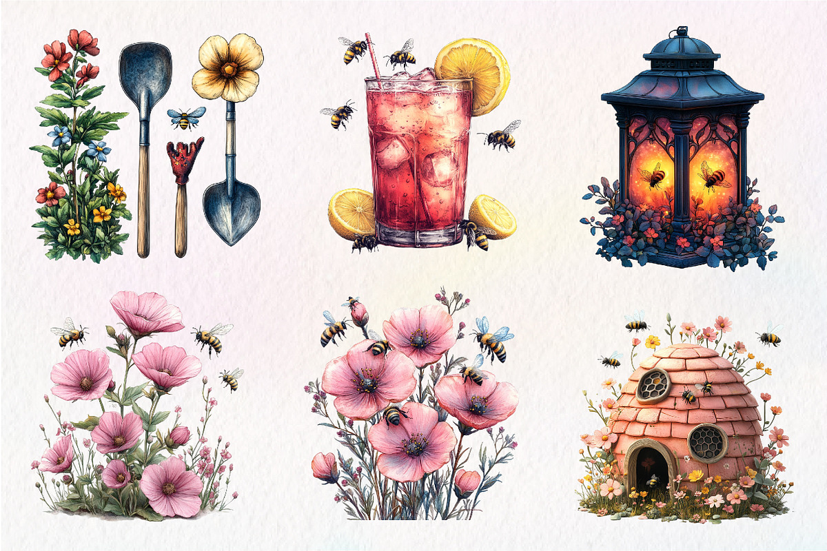Pink Summer Bees Garden Clipart, an Illustration by CreationArt (Photo 4 of 9)