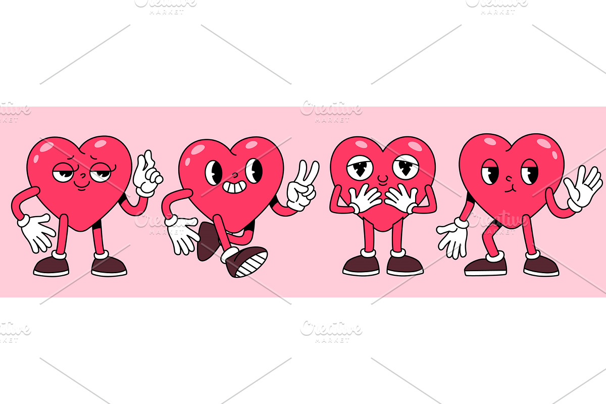 Cartoon groovy heart characters, an Illustration by art PVP - market