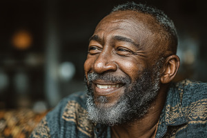 Smiling senior black man with a beard in a comfortable indoor setting, a Health & Medical Photo by AS photostudio