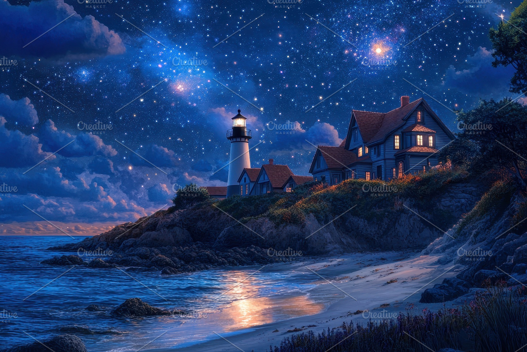 Nighttime coastal village with a glo, a Photo by Iftikhar Alam