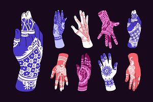 Mehendi, henna tattoos on hands set
