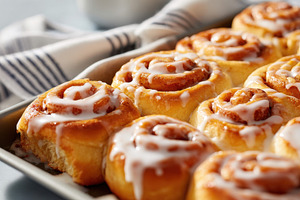 Freshly baked cinnamon rolls with icing, a Food & Drink Photo by AlyaAnd